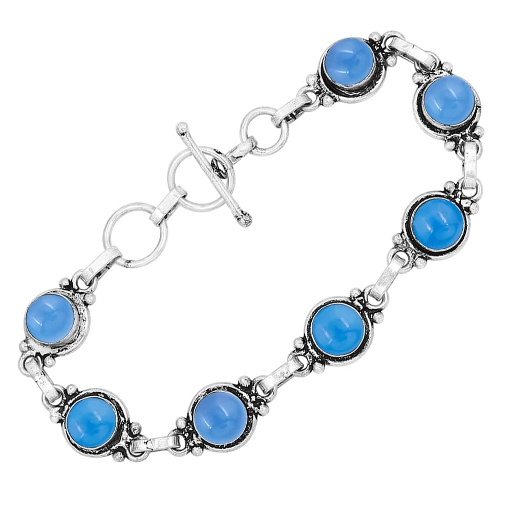 Natural Chalcedony 925 Silver Plated Round Gemstone Bracelet for Women - March Birthstone Vintage Bohemian Style Handmade Link Adjustable Bracelet Gifts for Mom Wife Sister Her