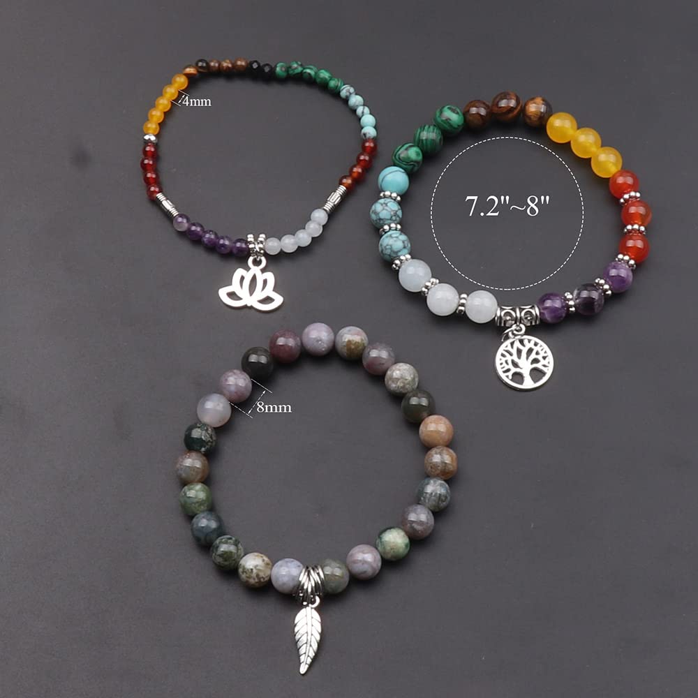 UEUC Natural Gemstone Chakra Bracelets for Women, Multilayer Tree of Life Lotus Crystal Healing Stone Bracelet Sets, Yoga Meditation Reiki Relax Bracelets for Stress Relief(#77)