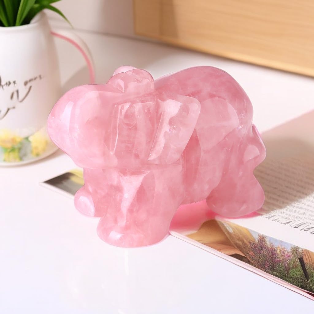 Rose Quartz Elephant Decor Pink Crystals Healing Stones Pocket Figurine Natural Crystal Statue Hand Carved Sculpture Cute Gemstone Energy Home Office Valentine's Day Desk Decoration Gifts for Women