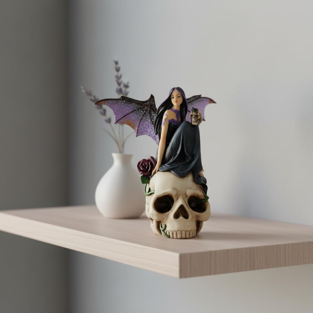 Comfy Hour 7" Dark Fairy Sitting on Skull Figurine, Gothic Fantasy Statue with Mystical Wings, Unique Home Office Desktop Decor Accent, Polyresin Artisan Crafted Sculpture, 1 Unit