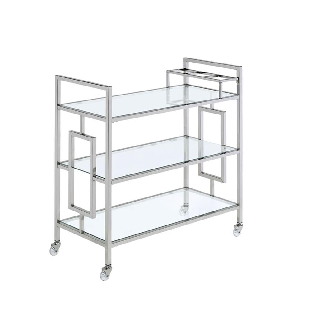 BOWERY HILL Contemporary Bar Cart, Clear Tempered Glass Shelves, 35" H x 33" W x 16" D, Chrome Finish, Modern Glam Design with Casters, Rectangular Serving Cart for Living or Dining Room Use