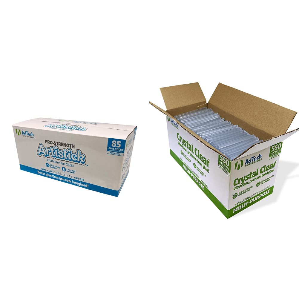 Adtech Hot Glue Sticks, White & Clear, 85 Full Size (10" x 0.44") & 550 Mini Size (4" x 0.28"), Crystal Clear, Multi-Temp, Versatile Material Bonding, Craft, Art, School, Repair, Woodworking
