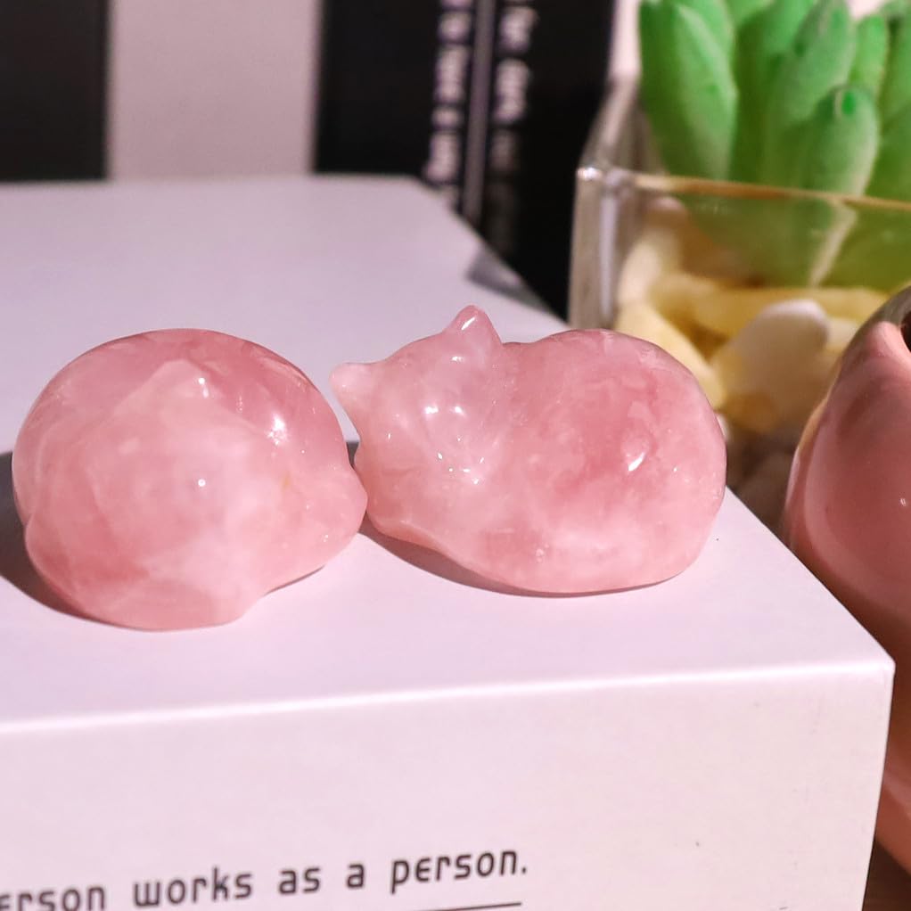 QINJIEJIE Rose Quartz Cat Decor Pink Gift Crystals Sleeping Cat Statue Stone Figurine Polished Gemstones Decors Office Room Home Desk Healing Valentines Decors for Women Cats Decor