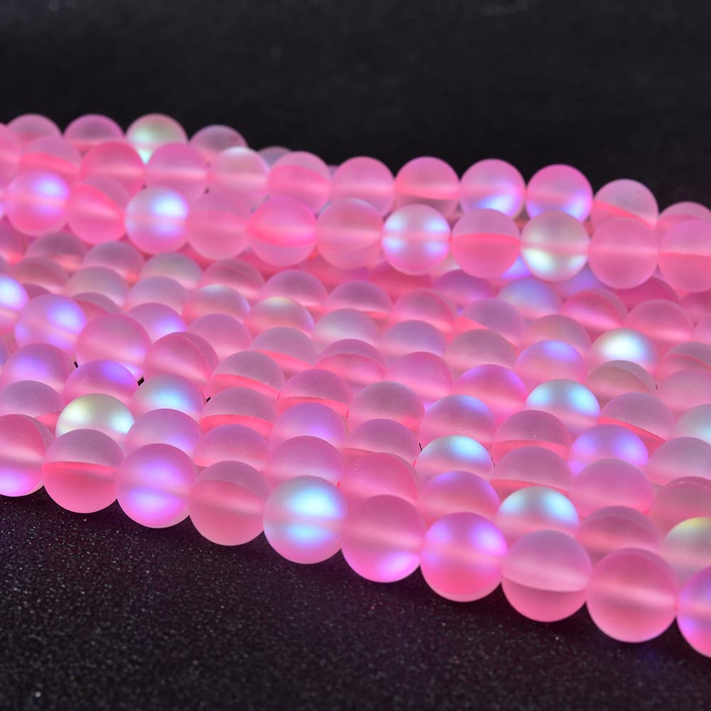 Asingeloo 48PCS 8mm Natural Light Pink Mystic Aura Quartz Gemstone Frosted Matte Titanium Round Loose Spacer Beads 15 inch Full Strand Crystal Healing Power Quartz