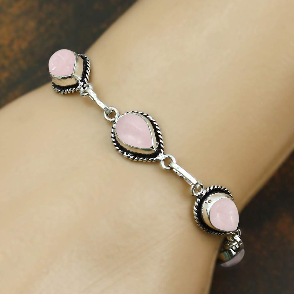 Natural Rose Quartz Silver Plated Link Bracelet for Women - Pink Stone January Birthstone Handmade Vintage Style Adjustable Jewelry Bracelet - Wedding Gifts for Her