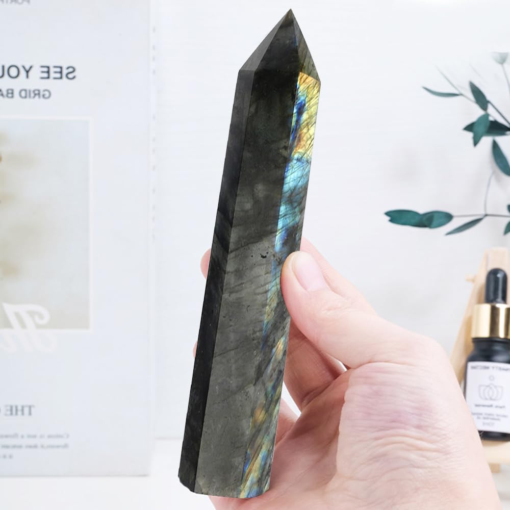 Natural Labradorite Crystal Point - 5.8-6.2 inch Labradorite Wand with Iridescent Rainbow Flash Stone for Energy Protection, Spiritual Awakening & Decoration - (Labradorite /5.8-6.2 inch 2pcs)