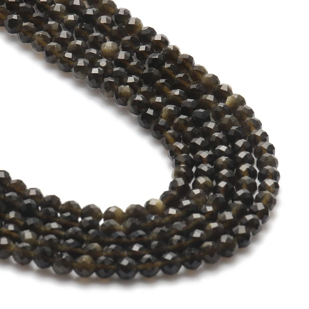 Song Xi 180pcs 2mm Natural Gold Obsidian Gemstone Beads Faceted Round Loose Stone Beads for Jewelry Making (1 Strand)