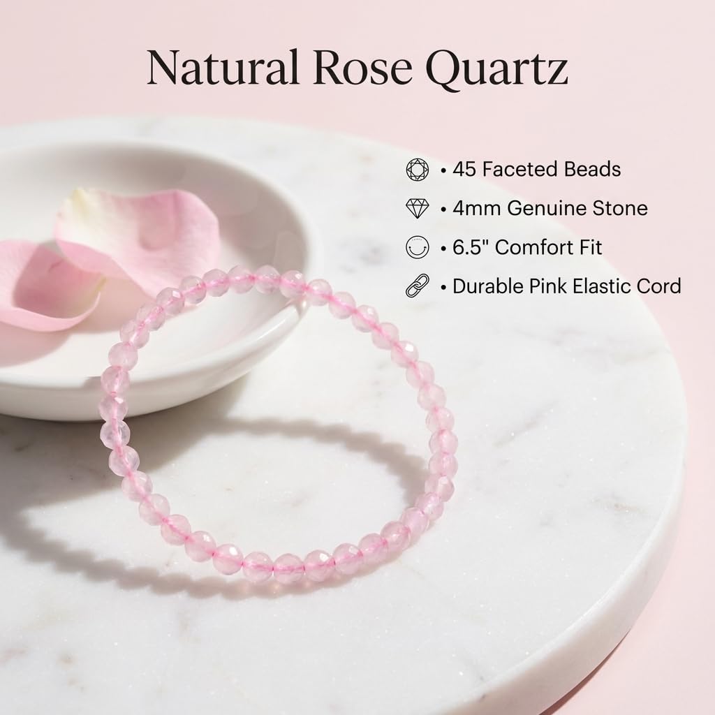 Angelstones Natural Rose Quartz Gemstone Stretch Bracelet, 4mm Faceted Round Beads, Crystal Healing for Women