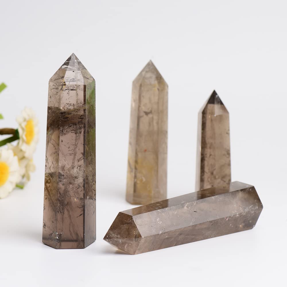 WUYOUSHI 1PCS Smoky Quartz Natural Crystal Towers2.75-3.54" Healing Crystal Wand 6 Faceted Chakra Reiki Meditation Therapy