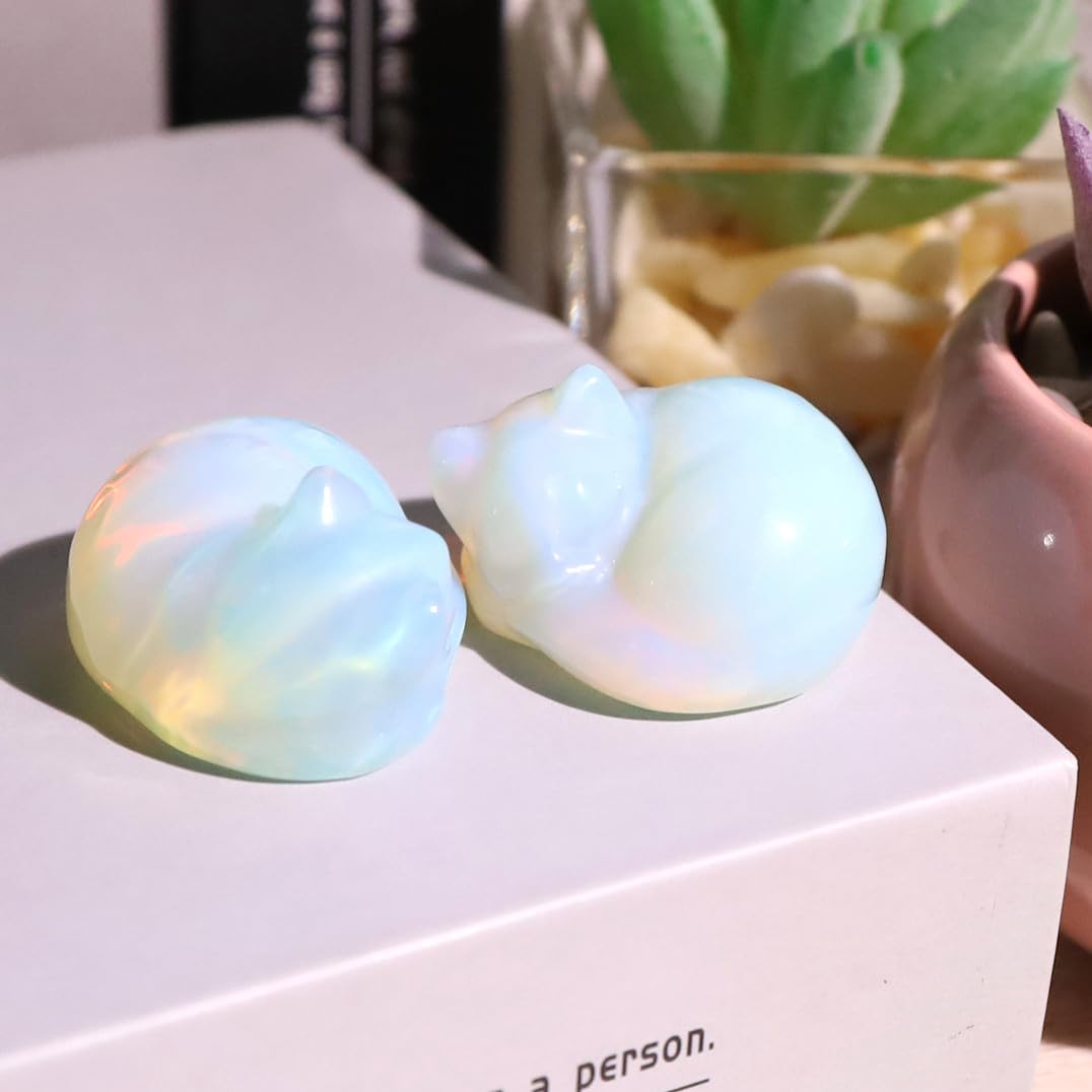 QINJIEJIE Opalite Cat Crystals Decor Sleeping Cat Statue Healing Carved Stone Decor Polished White Opalite Gemstones Figurine Office Room Home Desk Lucky Cute Decor Opal Gifts for Women Men Cats Lover