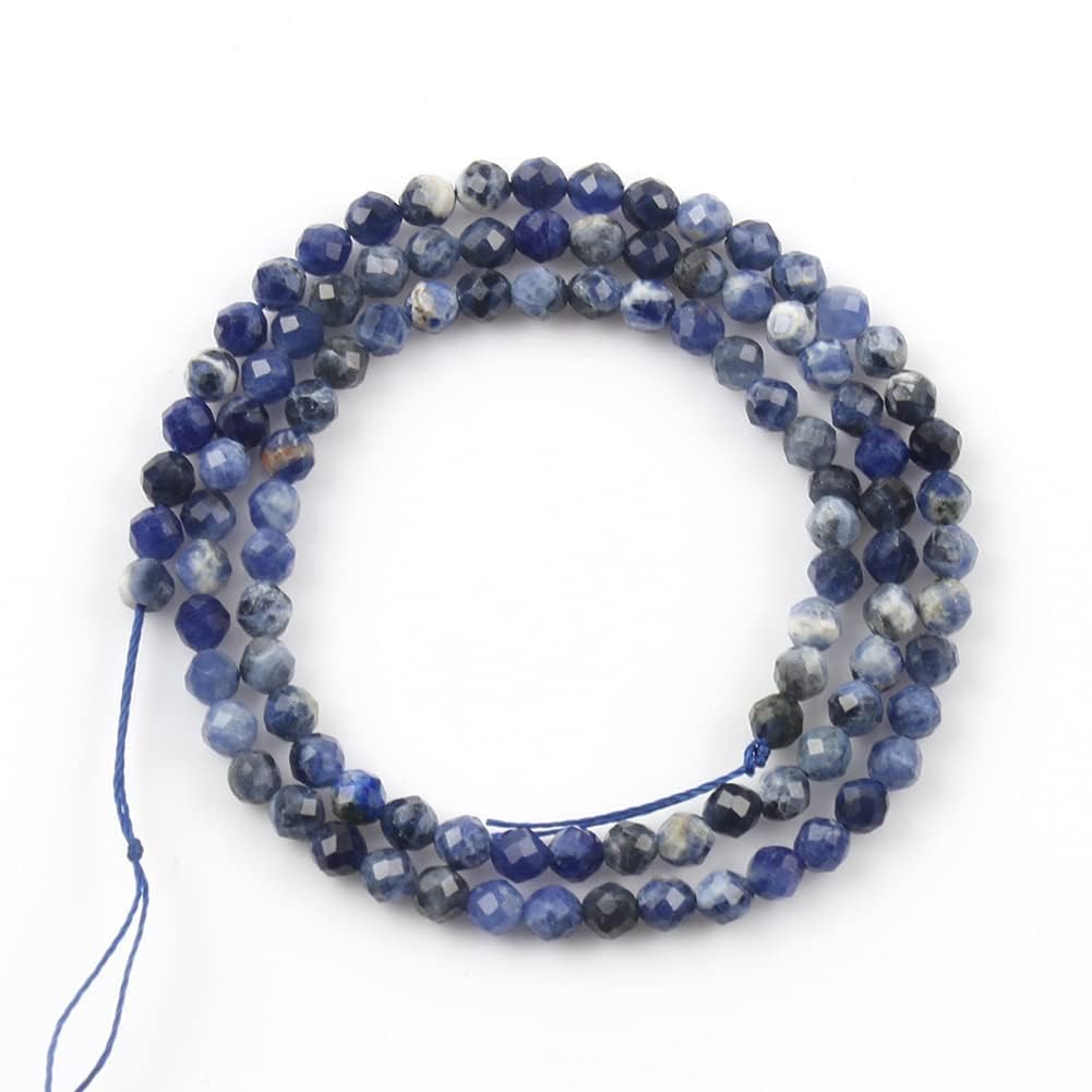 Song Xi 90pcs 4mm Natural Old Blue Sodalite Gemstone Beads Faceted Round Loose Stone Beads for Jewelry Making (1 Strand)
