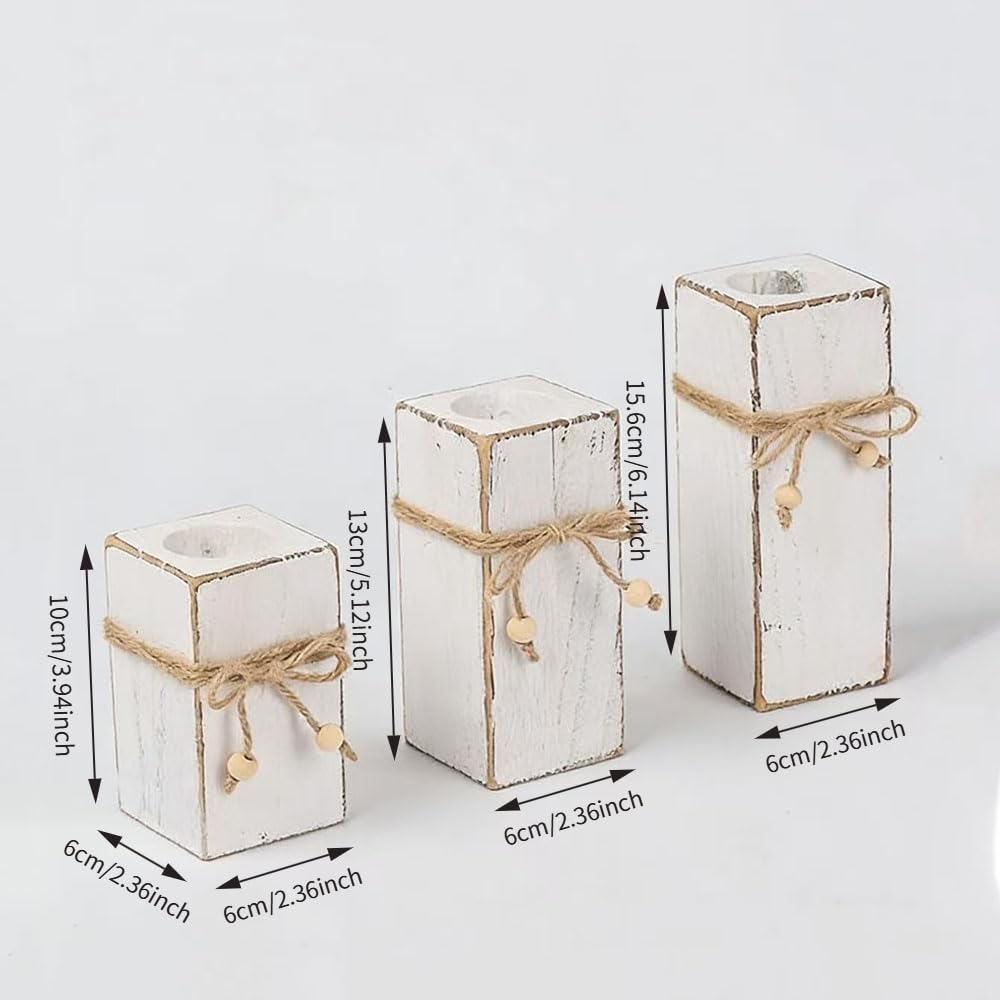 3 Piece Rustic Whitewashed Wooden Candle Holder Set Farmhouse Decor for Table Centerpiece Wedding Home Accent