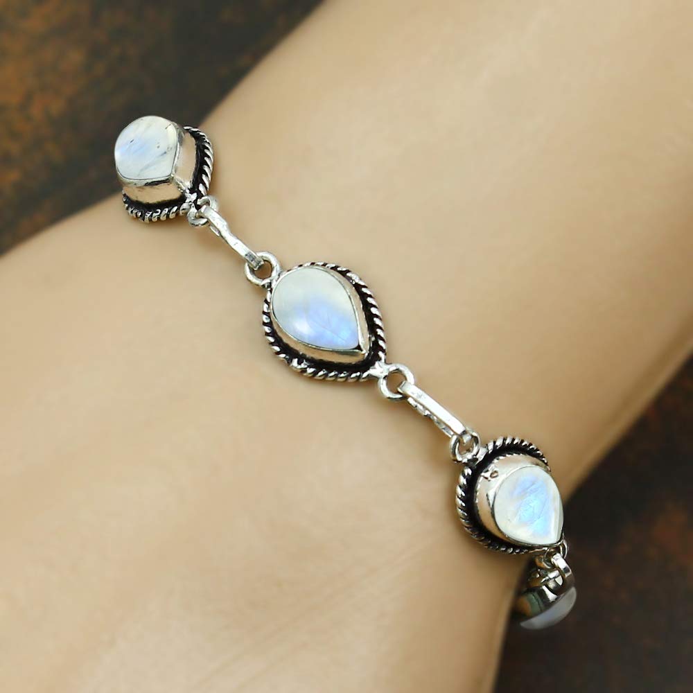 Natural Moonstone Silver Plated Link Bracelet for Women - White Stone June Birthstone Handmade Vintage Style Adjustable Bracelet - Birthday Wedding Christmas Gifts for Her