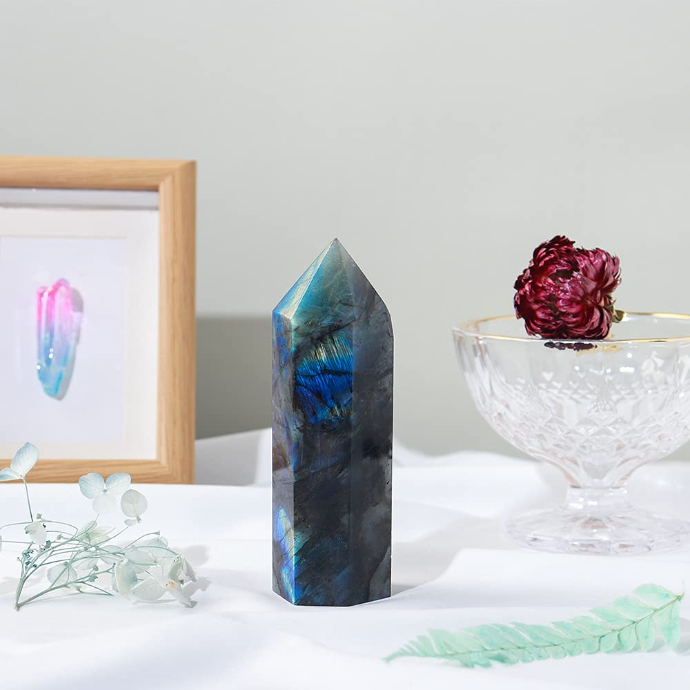 Runyangshi Large Labradorite Healing Crystal Wand 4.72"-5.12" Crystal Tower 6 Faceted Single Point Crystal Prism Wand Natural Quartz Stones for Meditation Reiki Chakra Therapy Home Decor Gift