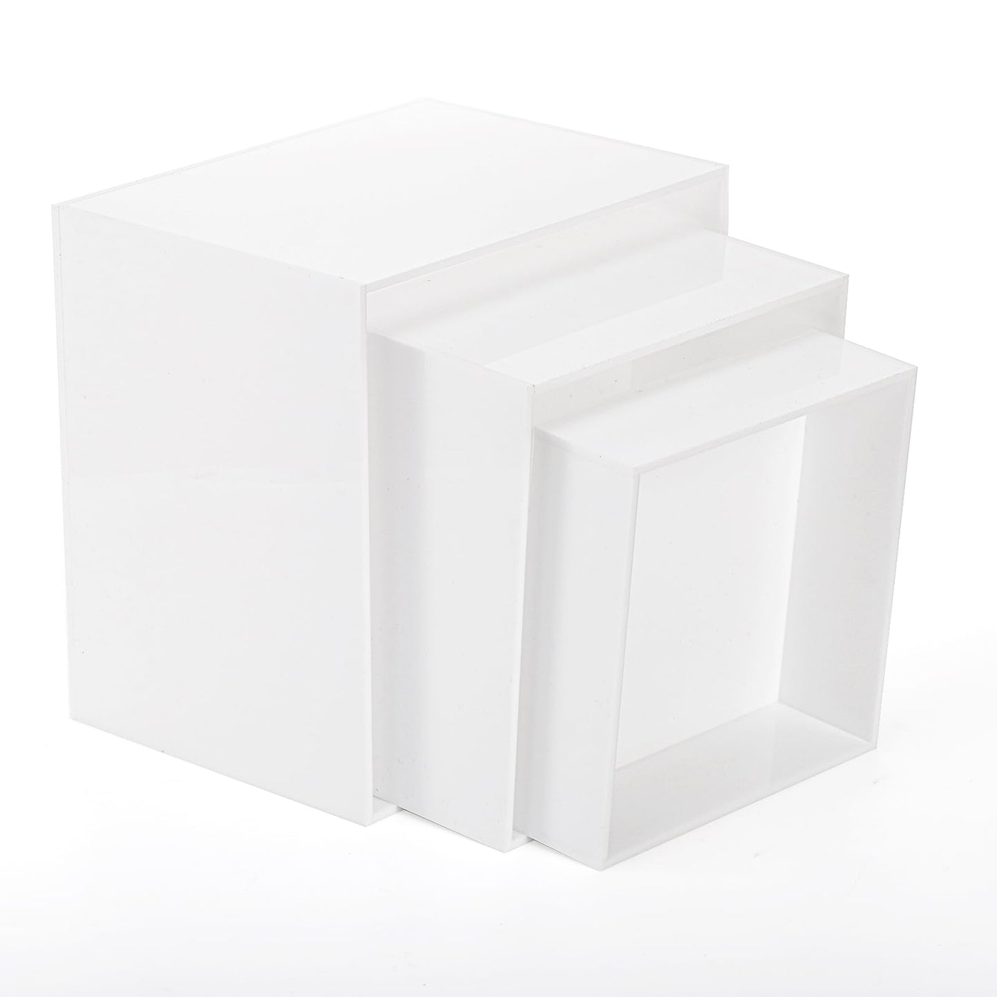 Hacaroa Set of 3 Acrylic Cube Riser Hollow Bottom, 6/7/8 Inch Small Glossy White Buffet Riser Food Display Stand, 5 Sides Cupcake Stand Nesting Display Box for Jewelry, Collectibles, Figures, 3 Sizes