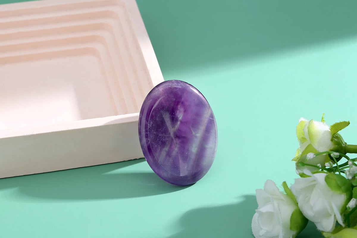 NUKAYAI Thumb Worry Stone Amethyst Crystal Rock Crystals and Healing Stones Oval Natural Fidget Meditation Accessories Gemstones Trinkets Pocket Stress Relief Gifts Anxiety Relief Items for Women Men