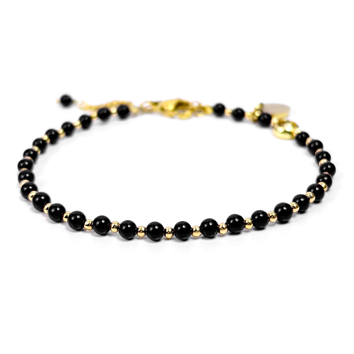 Morchic 3mm Black Onyx Natural Gemstone Beaded Bracelet for Women, Dainty Tiny Charm Jewelry, Adjustable 7.1-8.6", Ideal Birthday Holiday Gift