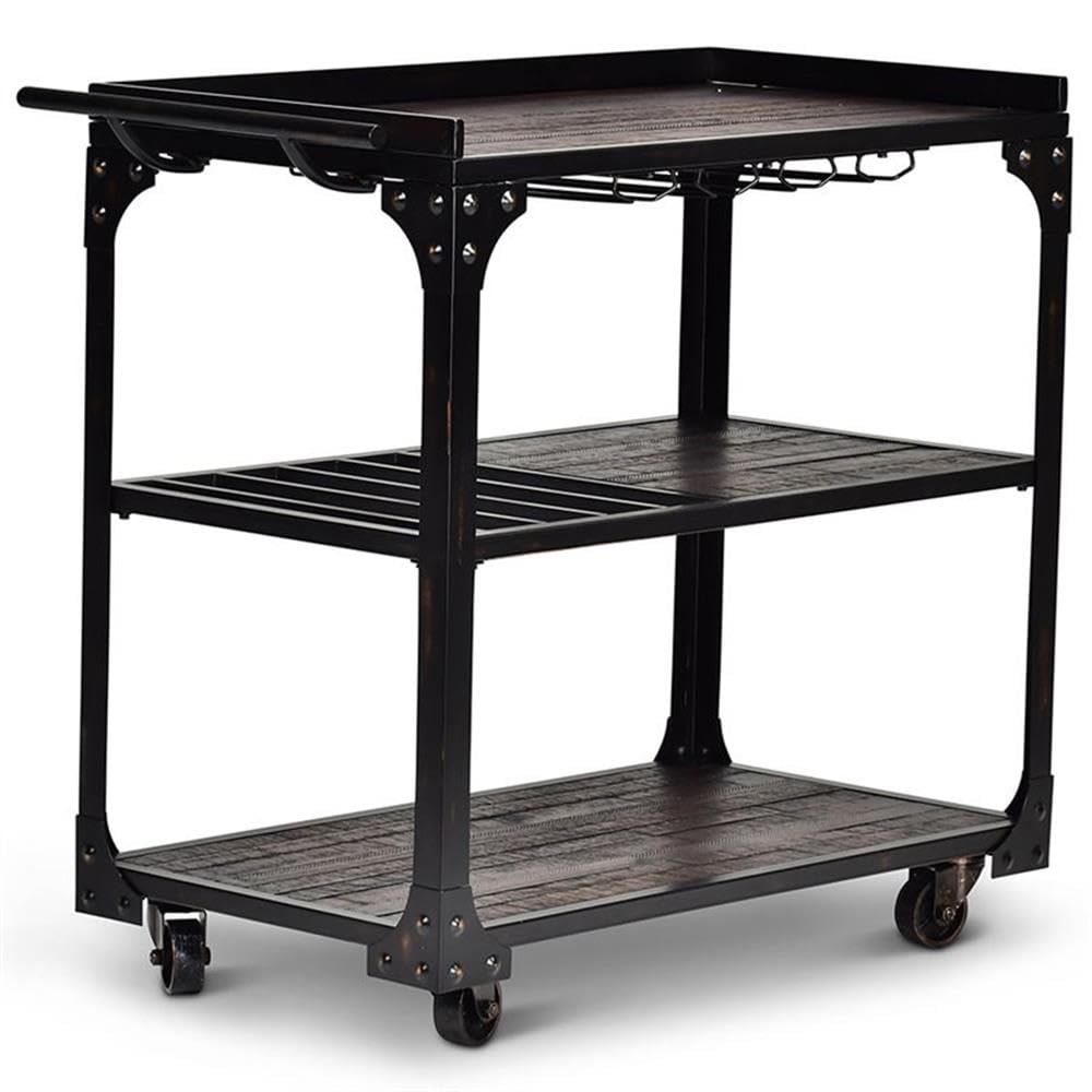 BOWERY HILL Transitional Bar Cart, 40 in W x 20 in D x 36 in H, Distressed Tobacco Brown Finish with Black Iron Frame, Stemware Storage, Towel Bar, Wine Bottle Shelves, Industrial Style for Dining