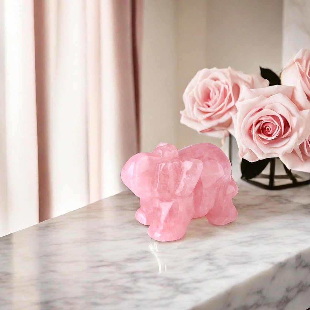 Rose Quartz Elephant Decor Pink Crystals Healing Stones Pocket Figurine Natural Crystal Statue Hand Carved Sculpture Cute Gemstone Energy Home Office Valentine's Day Desk Decoration Gifts for Women