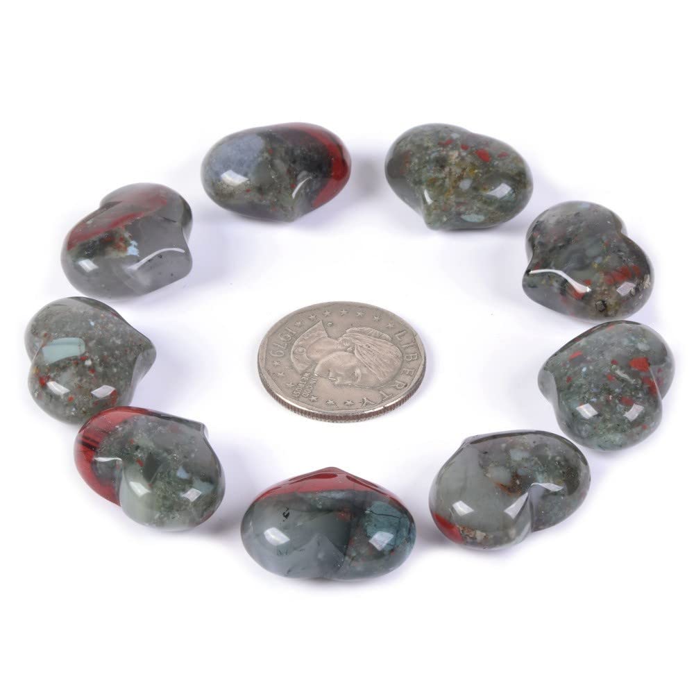 Natural African Bloodstone Gemstone Healing Crystal 1 inch Mini Puffy Heart Pocket Stone Iron Gift Box (Pack of 10)