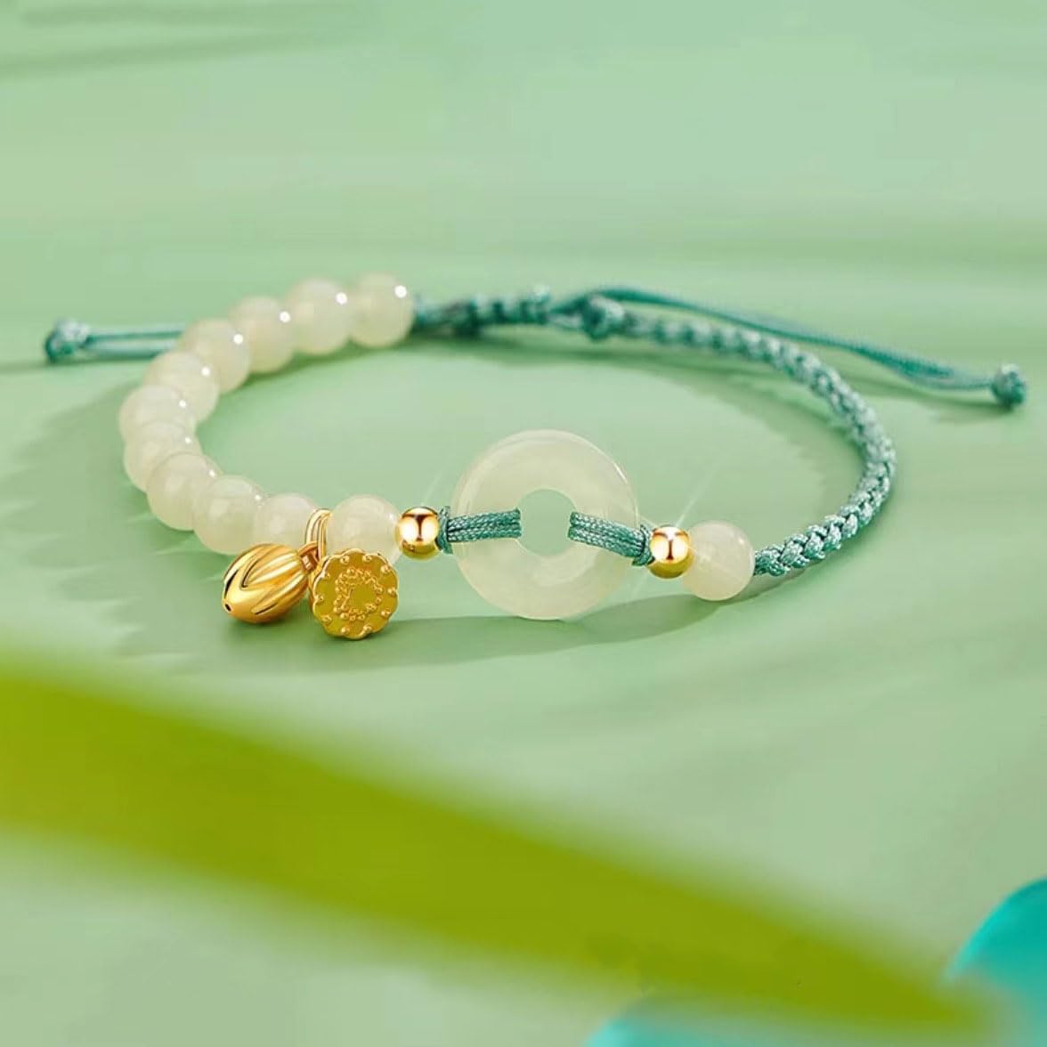 RTY Chinese Style Jade Bangle Bracelet for Women White Jade Stones Bead Hand Woven Bracelet Ping An Buckle Lucky Bracelet Birthday Ladies BFF Jewelry Gift (green)