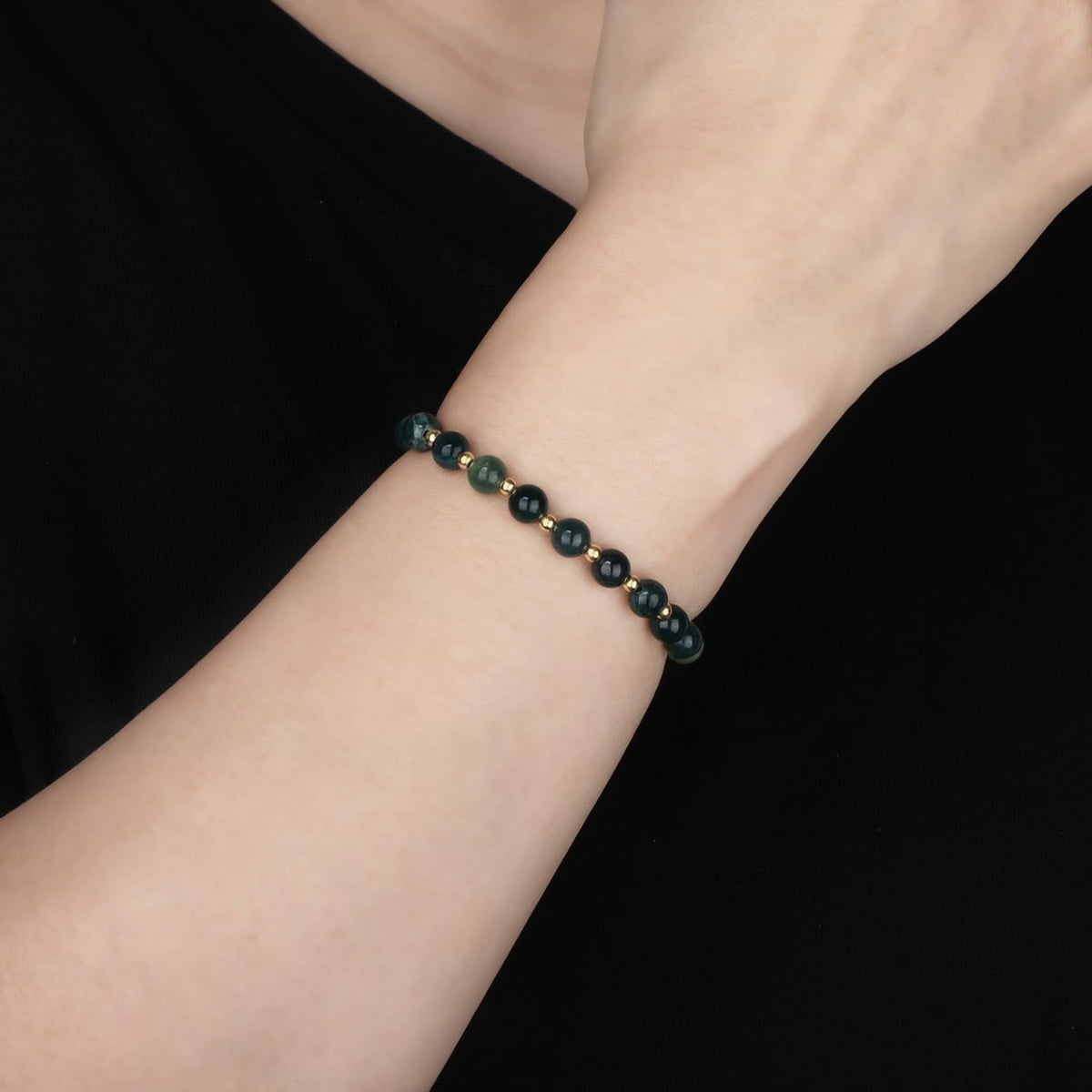QOGIR Moss Agate - Stone of Optimistic - 14K Gold Plated Beads Natural Gemstone Stretch Elastic Dainty Healing Beaded Bracelets Gifts 6mm