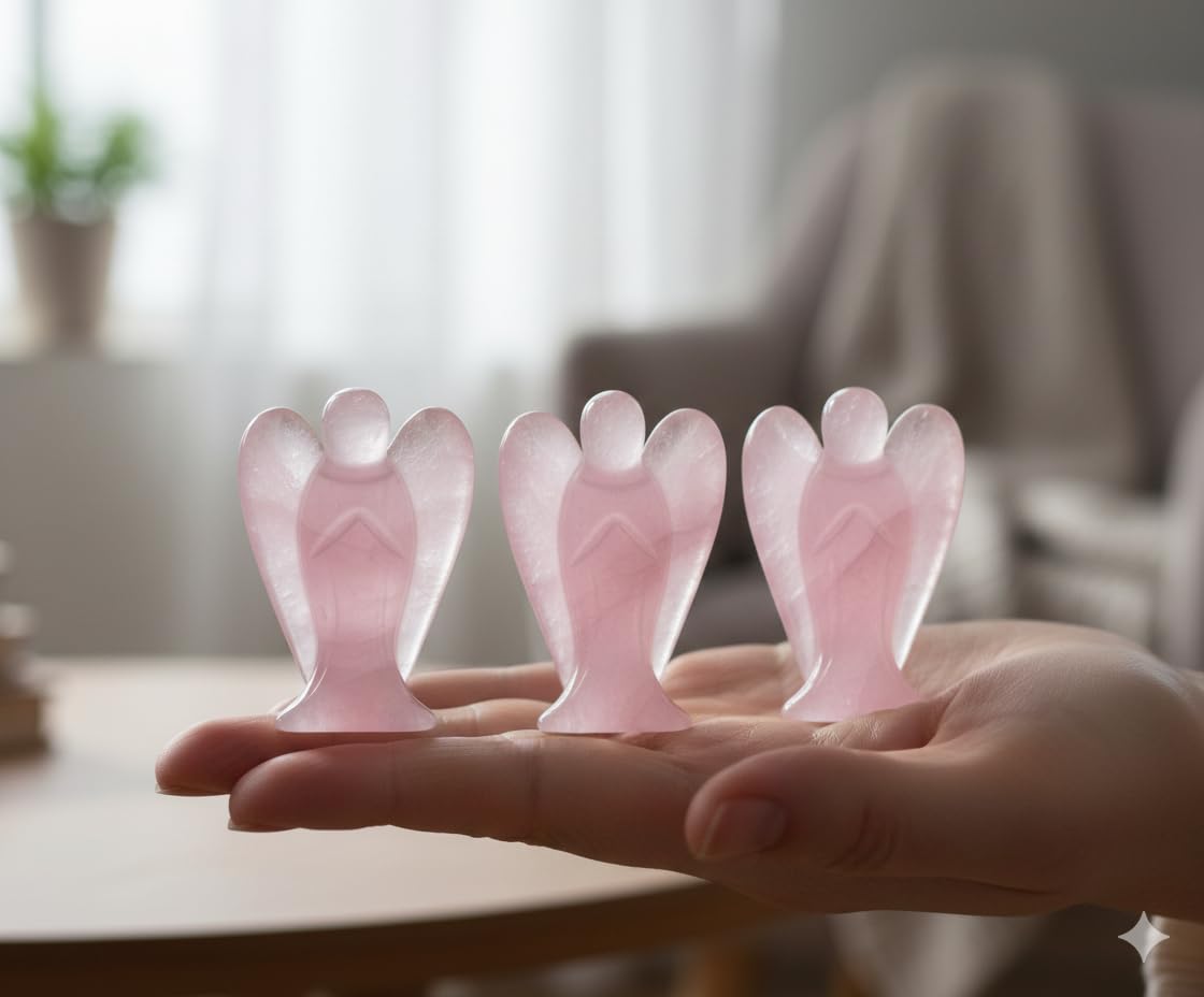 Mina Heal Pocket Guardian Angel Figurine, Hand-Carved Rose Quartz Crystal Statue, Palm-Size Angel Keepsake for Meditation, Comfort and Decorative Display (Set of 3)