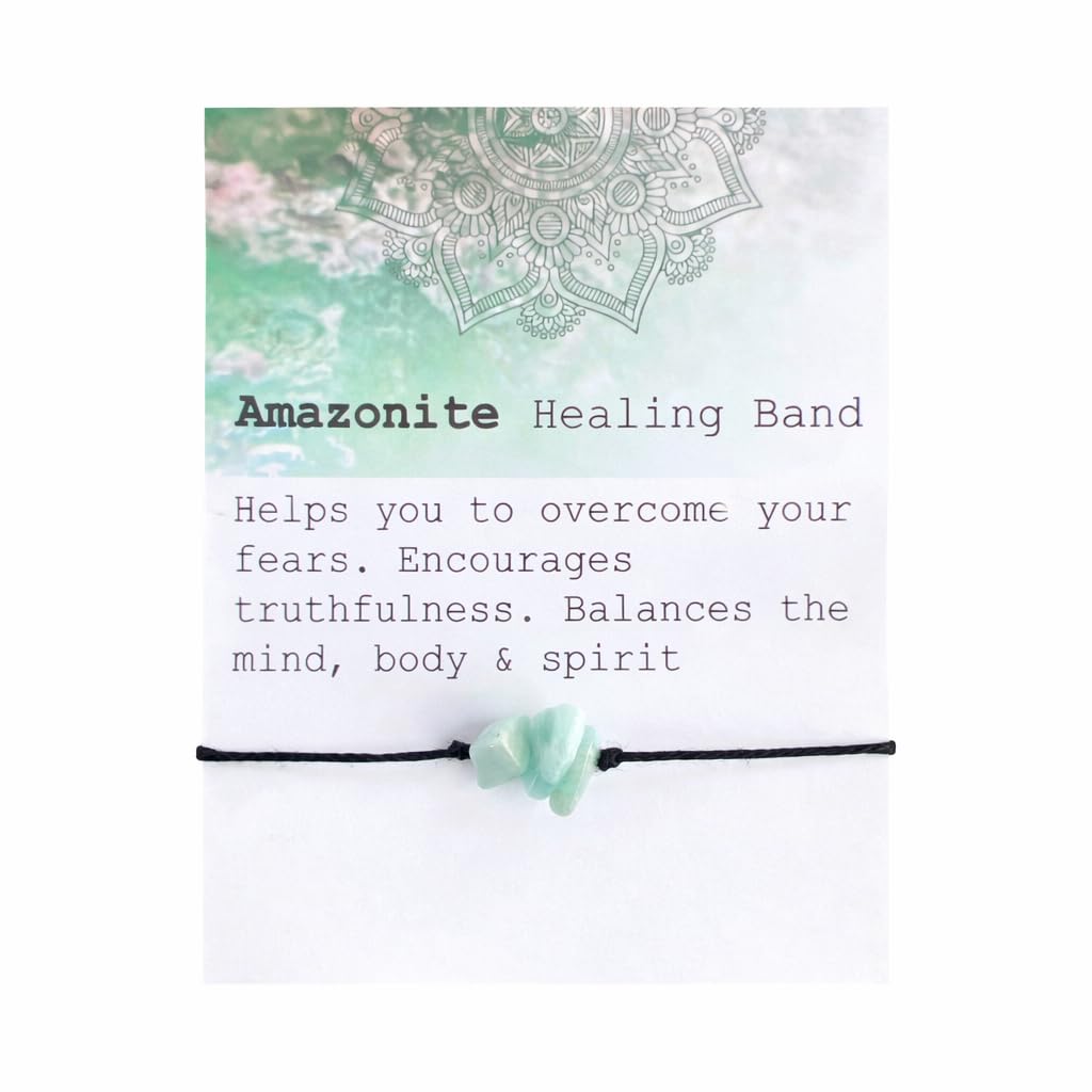 The Blue Yogi Amazonite Healing Crystal Bracelet Anklet 2-in-1 Adjustable Tie Closure Protection Jewelry with Affirmation Card Handmade