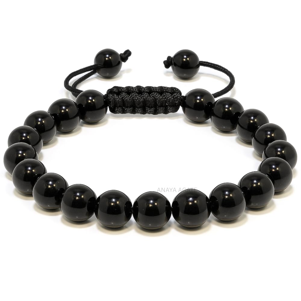 ANAYA AGATE Healing Crystal Bracelet – Chic Gemstone Bracelet for Men and Women – 8mm Round Bead Bracelets for Spiritual Healing, Protection, Positive Energy - Black Obsidian