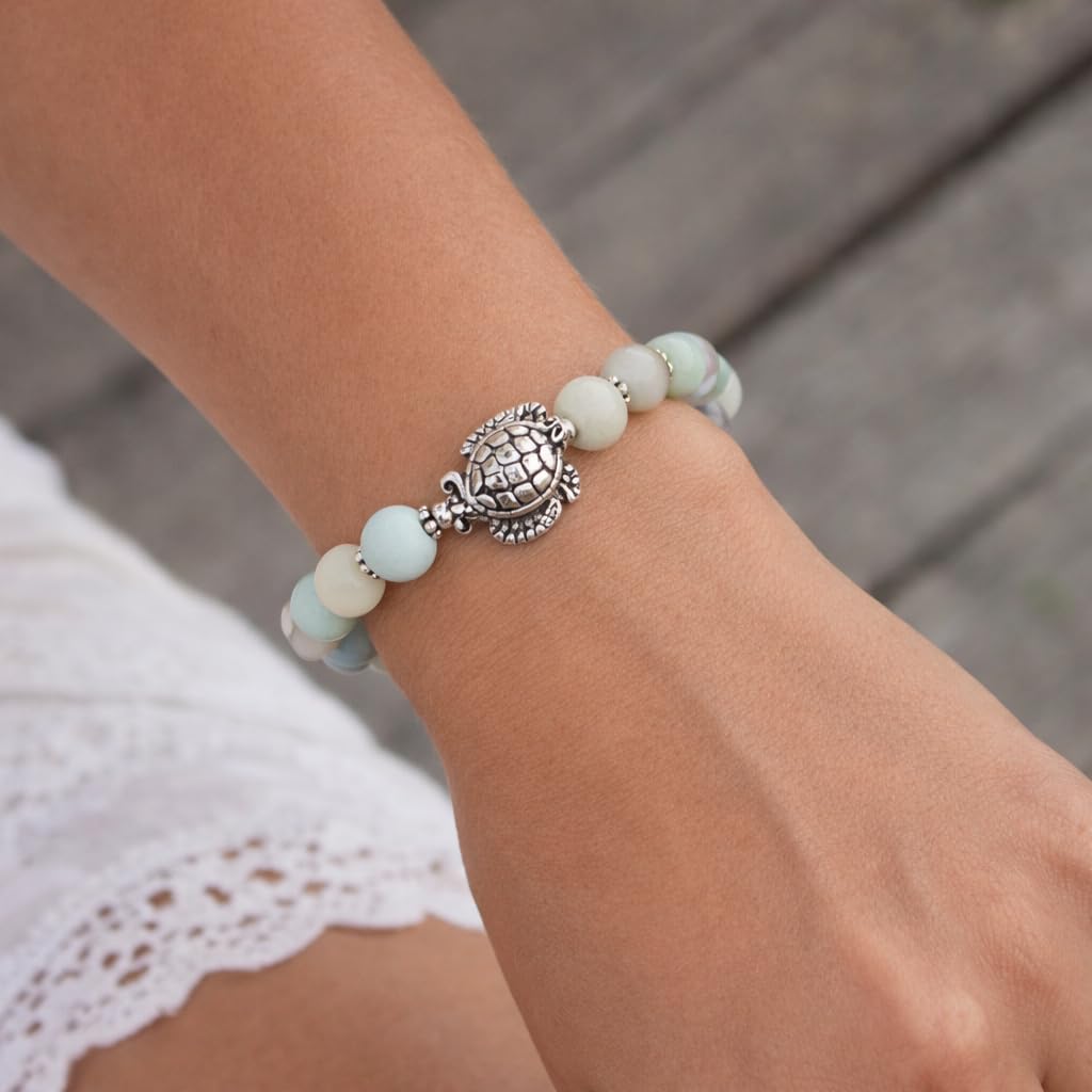 Sea Turtle and Heart Charm Bracelet with Amazonite Stones, Valentines Gifts for Women