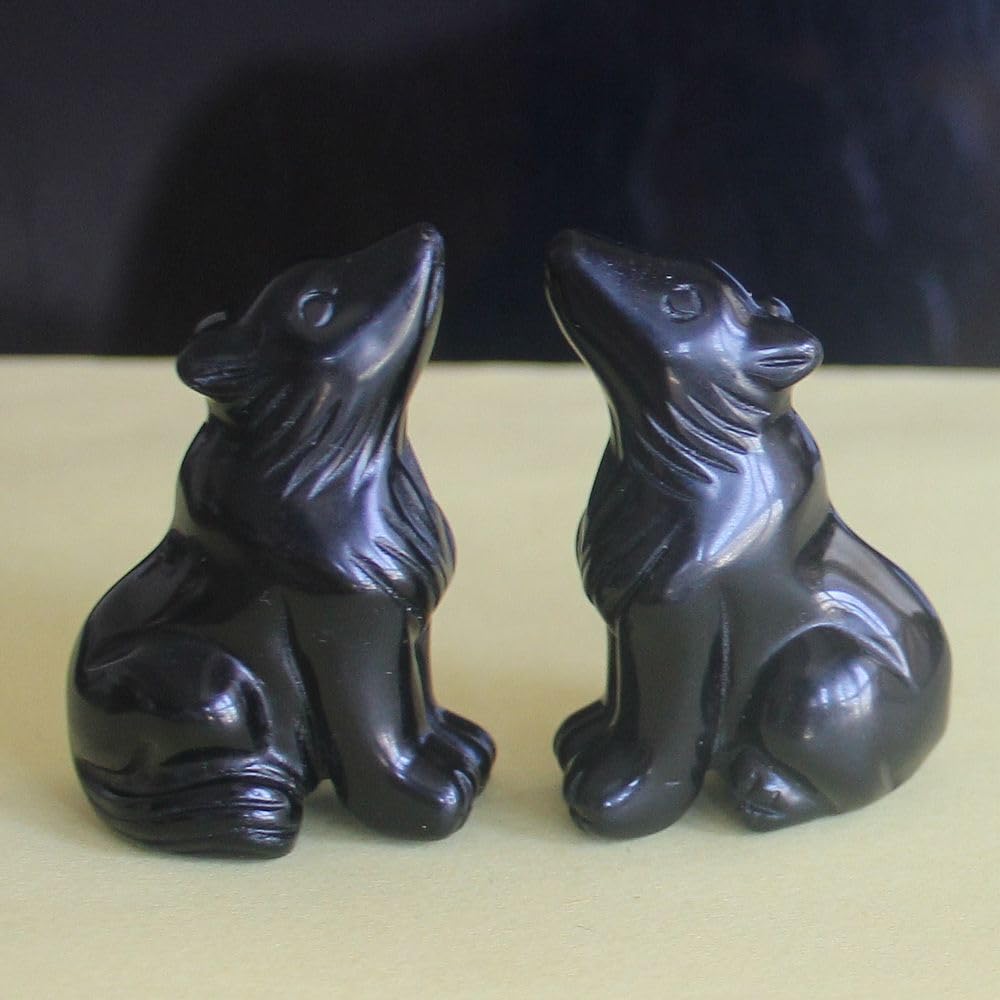 HLbshi Hand Carved Gemstone Crystal Wolf Figurine Animal Statue Carving Office Home Decor Collections 2'' (Black Obsidian)
