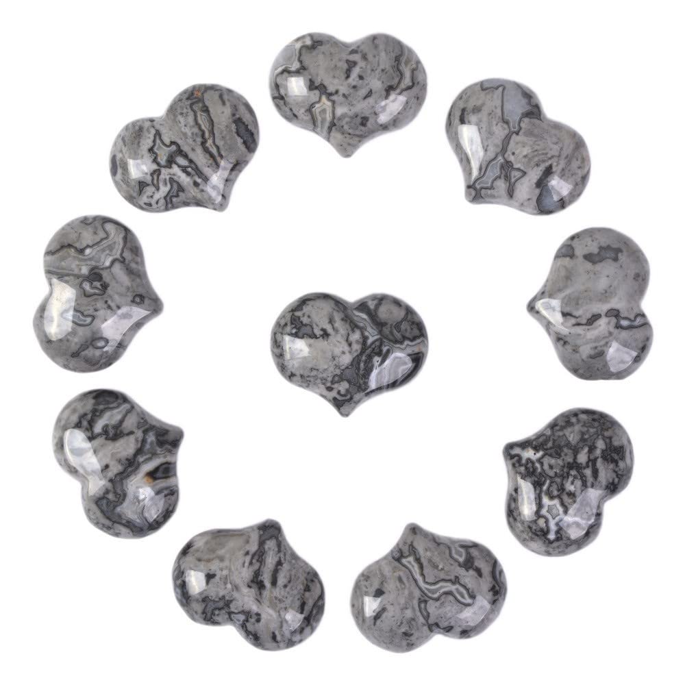 Natural Black Lace Jasper Gemstone Healing Crystal 1 inch Mini Puffy Heart Pocket Stone Iron Gift Box (Pack of 10)