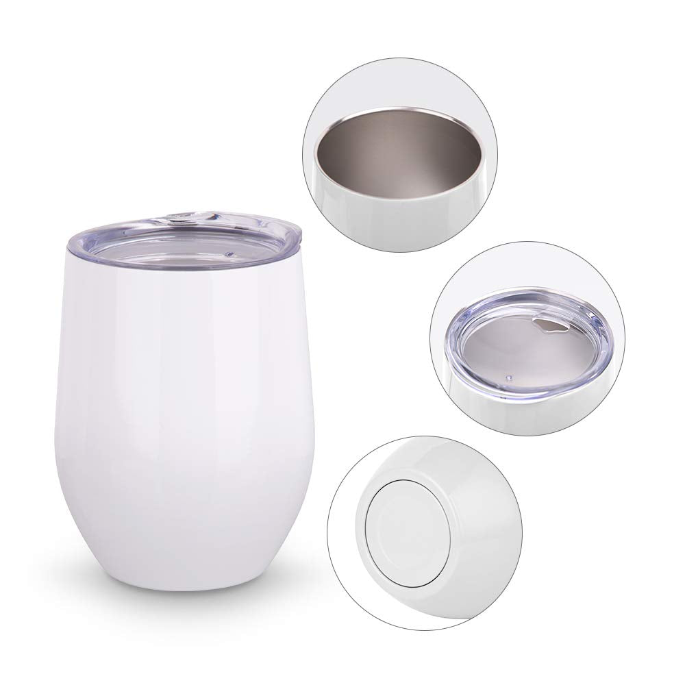 PYD Life Sublimation Blanks Wine Tumbler Cups White 12 OZ Stainless Steel Insulated Stemless Mugs with Lid 6 Pack
