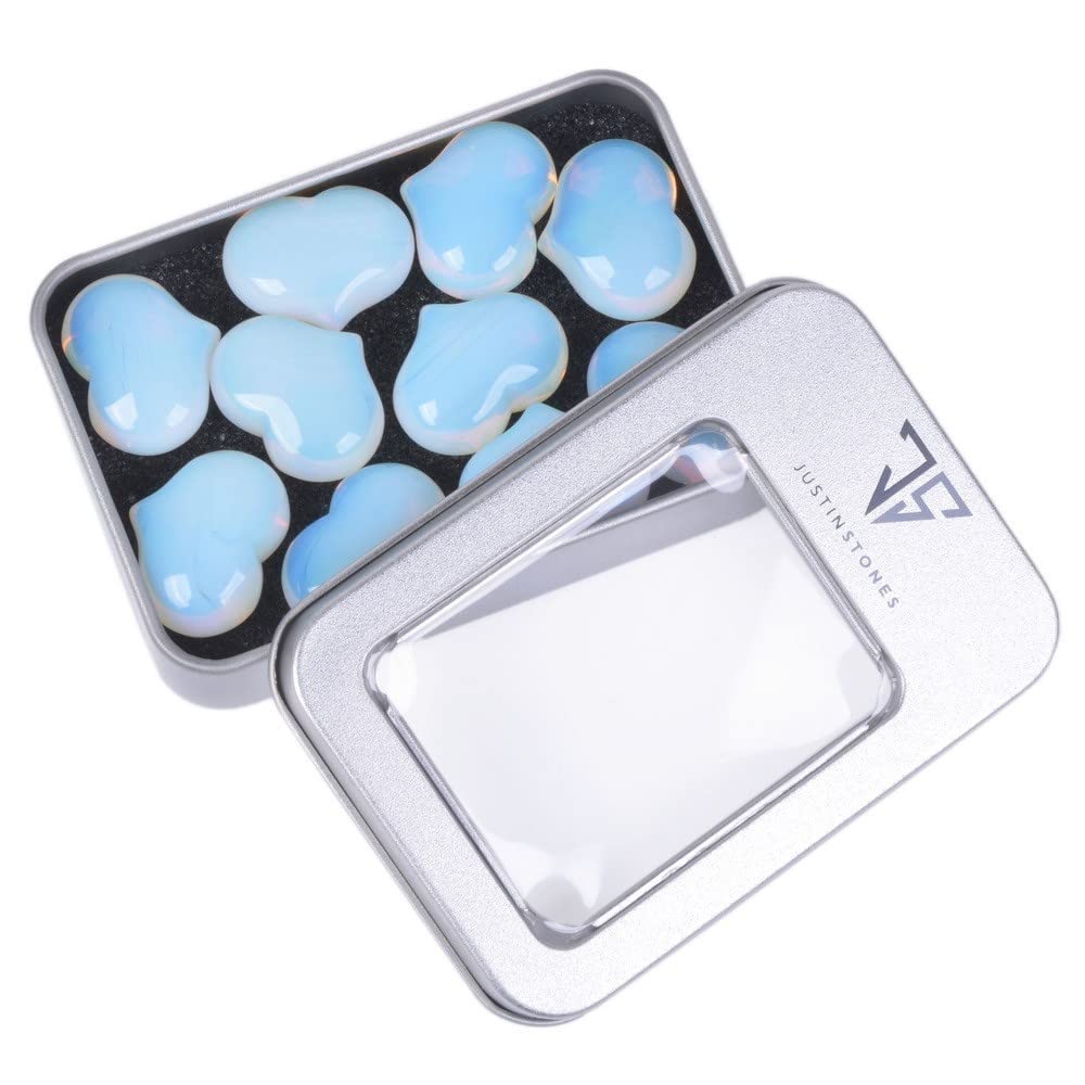 Synthetic Opalite Moonstone Healing Crystal 1 inch Mini Puffy Heart Pocket Stone Iron Gift Box (Pack of 10)
