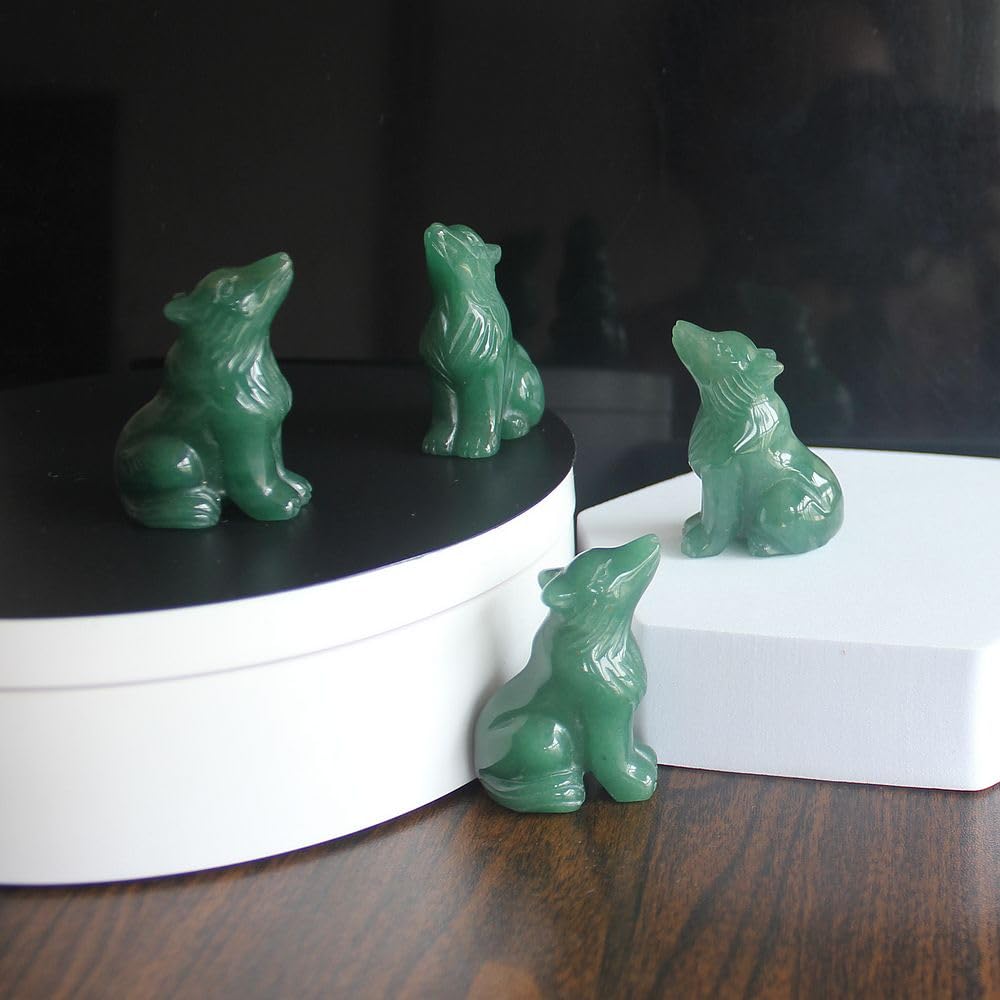HLbshi Hand Carved Gemstone Crystal Wolf Figurine Animal Statue Carving Office Home Decor Collections 2'' (Green Aventurine)