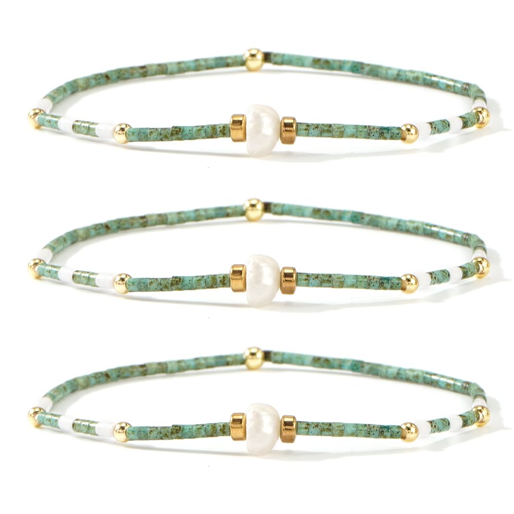 Opalencian Aventurine Pearl Beaded Stackable Bracelet for Women,3PCS/set Stack Green Beads Bracelet Charm Jewelry Gifts Friendship