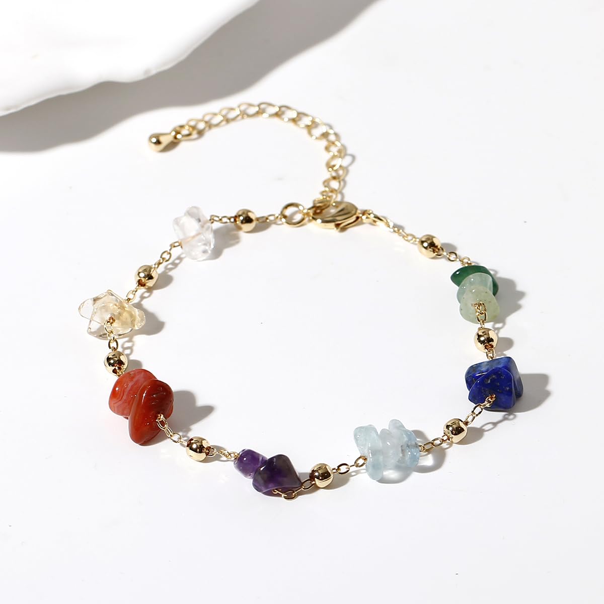 Jewever Chip Tumbled gems Bracelets for Women Copper Plated 14k Gold Chain Healing Crystals and Gemstones Bracelet Birthday Stone Gifts (Chakra)