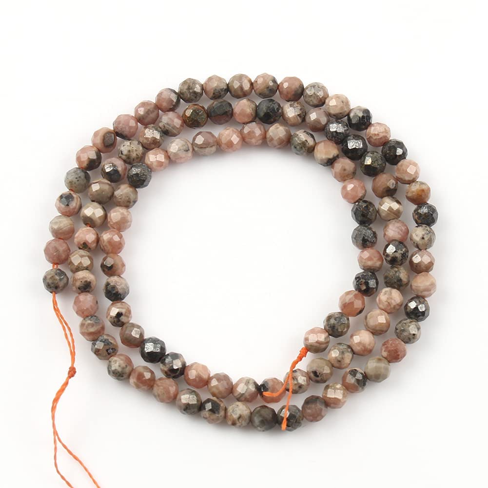 Song Xi 90pcs 4mm Natural Black Stripe Rhodochrosite Gemstone Beads Faceted Round Loose Stone Beads for Jewelry Making (1 Strand)