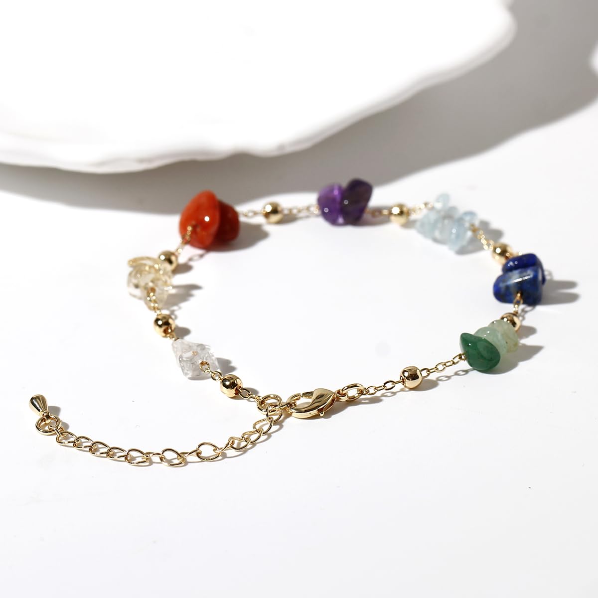 Jewever Chip Tumbled gems Bracelets for Women Copper Plated 14k Gold Chain Healing Crystals and Gemstones Bracelet Birthday Stone Gifts (Chakra)