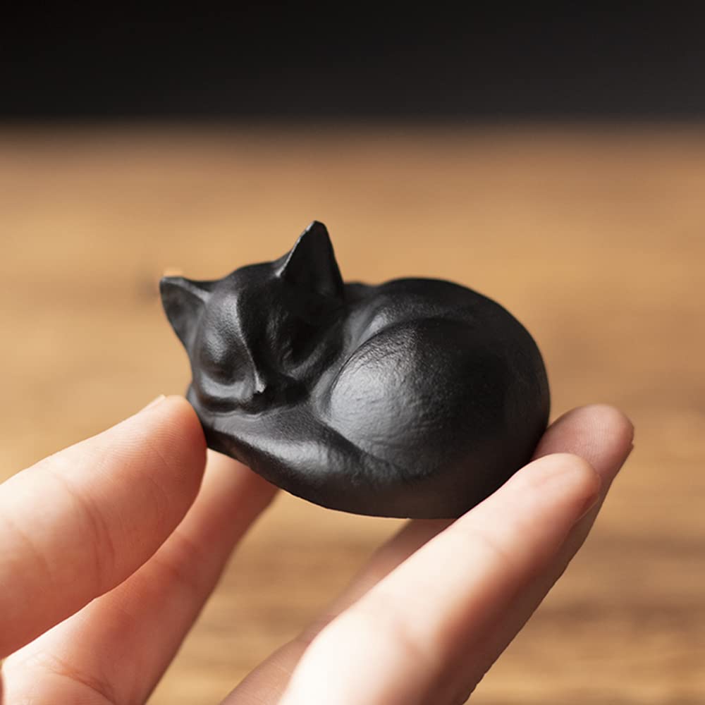 OwMell Tiny Sleeping Cat Statue Hand-Carved Healing Stone Gemstone Little Kitten Statue Figurine 2" - Black Obsidian