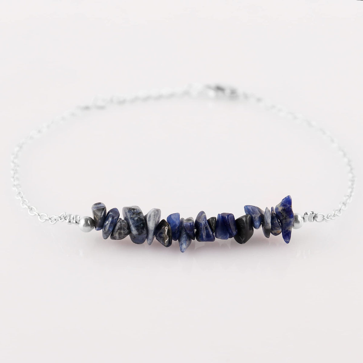 Gemimpression Handmade Bar Bracelet – Natural Sodalite Chip Nuggets – Energy Healing & Clarity – Silver Plated Adjustable Chain – Boho Chic – 8 Inch Adjustable – Christmas Gift