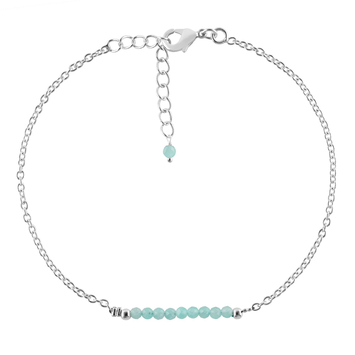 YANARA Amazonite Ankle Bracelet for Women Jewelry, Natural Birthstone, Gemstone Beads, Handmade Dainty Anklet 9"+1.25" inch, 3mm Rounds, Chakra Energy Crystals, Silver Plated Chain