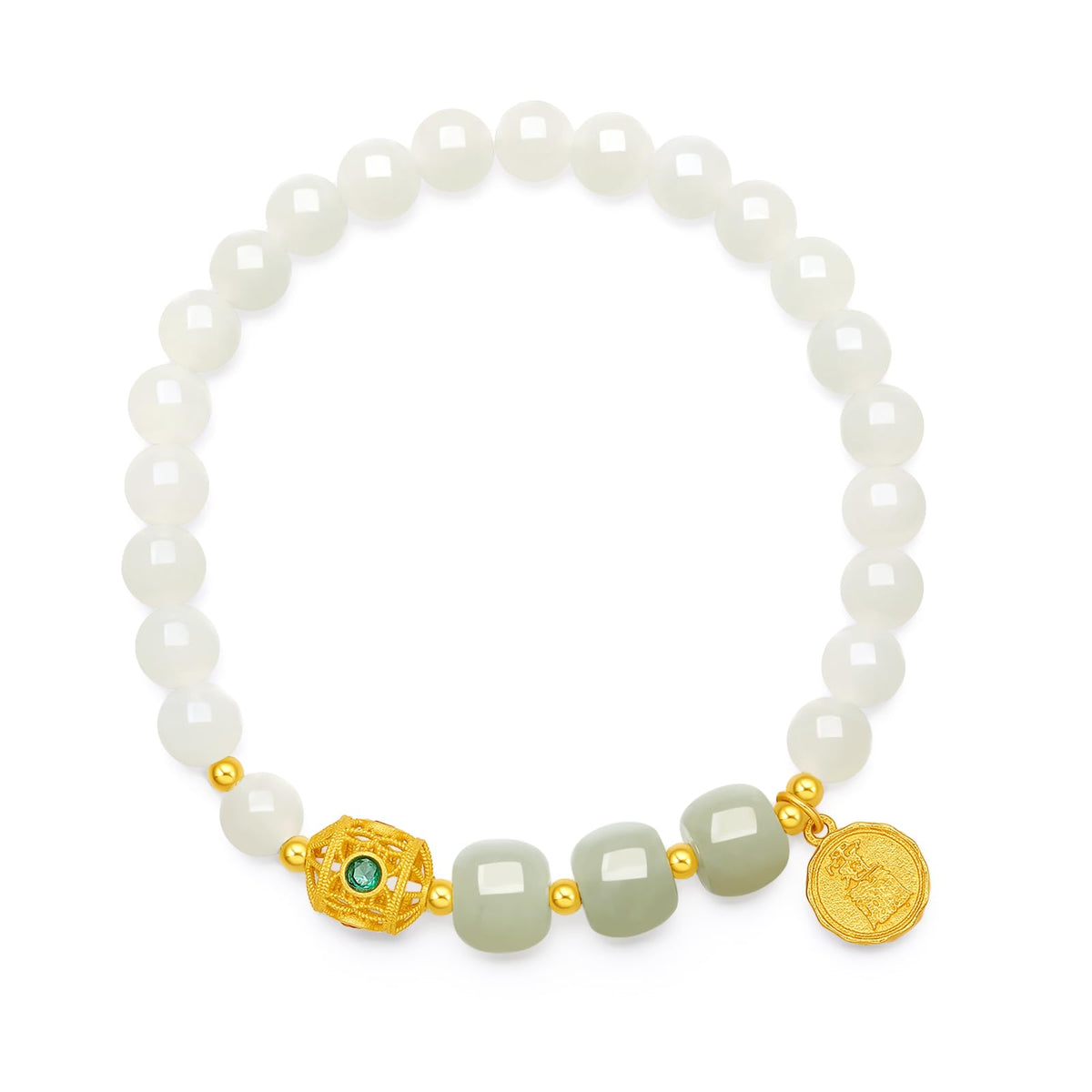ZHOU LIU FU Sterling Silver Bracelets White Jasper Bracelet Bead Bracelet Green Jasper Round Fortune Charm Bracelet Stretch Bracelet for Women Mom Lover Birthday Aniversary 6.7inch/17cm