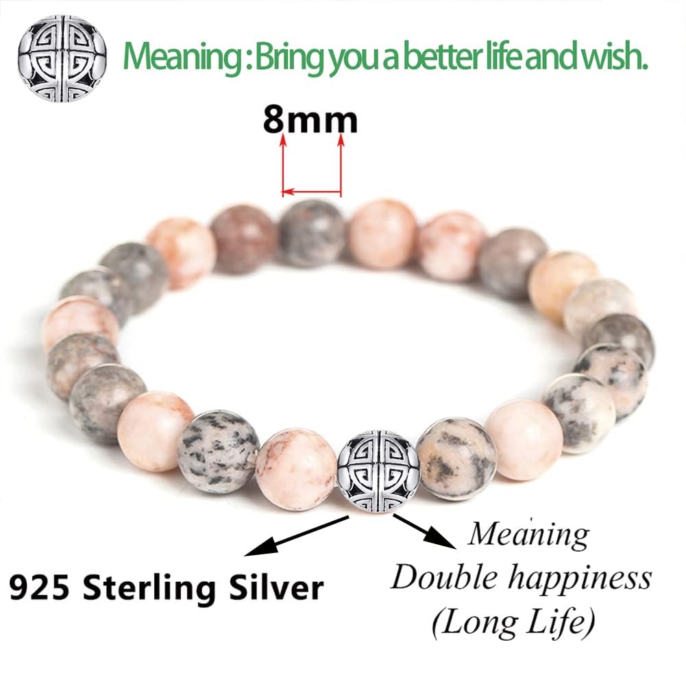 MetJakt Healing Crystals Beaded Bracelets for Womens Natural Gemstone 8mm Beads Stretch Bracelets with 925 Sterling Silver Double Happiness Pendant (Pink Zebra Jasper)