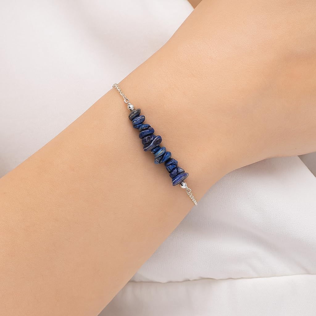 Gemimpression Handmade Lapis Lazuli Chips Bar Bracelet – Natural Energy Healing Crystals – Silver Plated Adjustable 8 Inch Chain – Gift for Her – Christmas Gift
