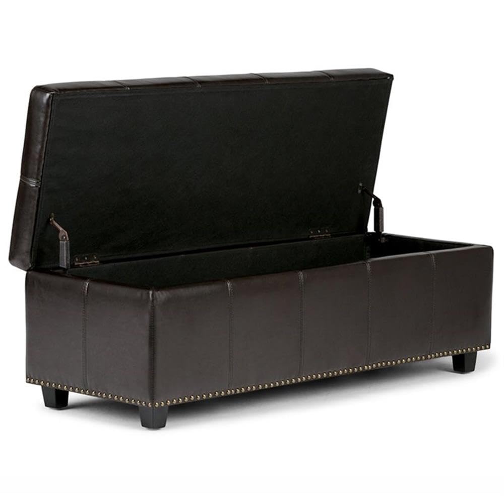 SIMPLIHOME Kingsley Storage Ottoman - 48 inch Wide Upholstered Linen Look Fabric Rectangle Large Storage Ottoman Bench in Coffee Brown, Transitional Tufted Ottoman for Living Room with Lift-Up Lid