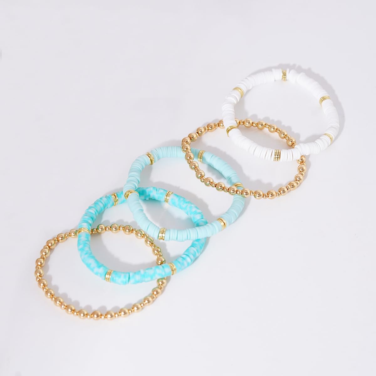 GOOJIDS Surfer Heishi Clay Bead Bracelets for Women Bohemian Stackable Gold Plated Beaded Stretch Bracelets Elastic Layering Friendship Bracelets Set Boho Jewelry