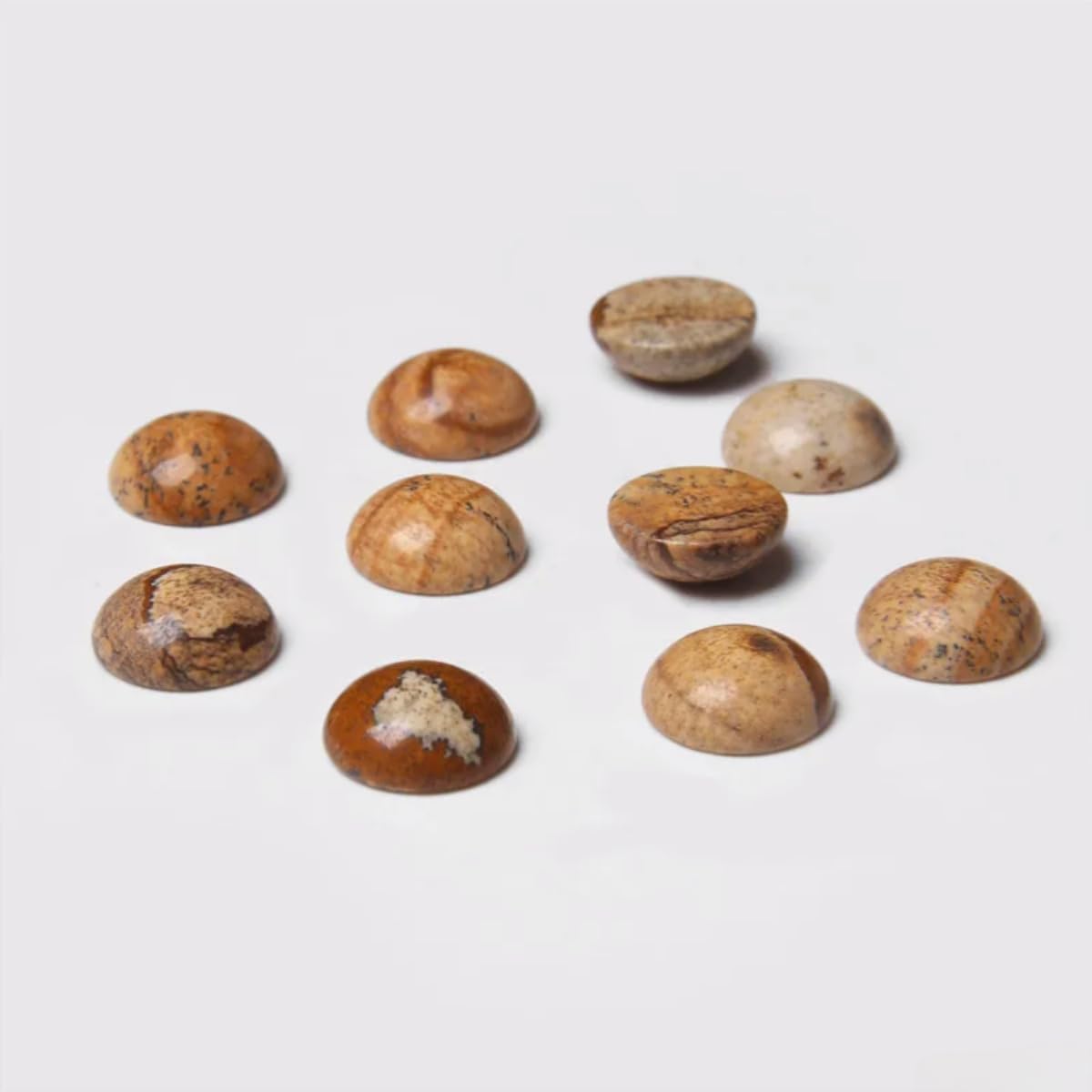 20pcs 10mm Natural Stone No Hole Brown Picture Semicircle Smooth Cabochons Beads Healing Chakra Crystal Stone Bead for Jewelry Making Rings Earrings Necklace Bracelet DIY Crafts