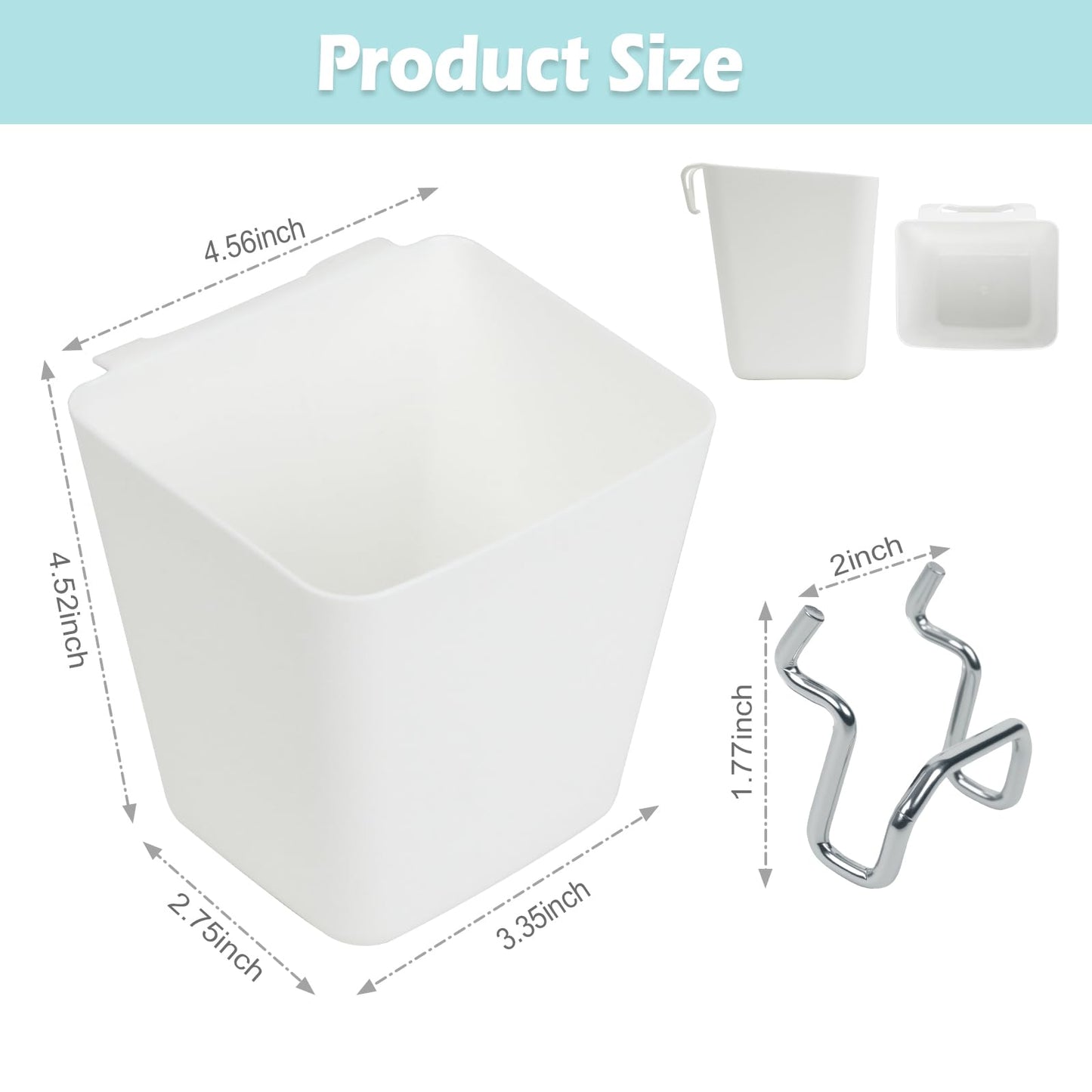 FIMXSD 8 Pack Large Pegboard Bins with Hooks, Square Box Shape Peg Board Cups and Peg Board Accessories for Craft Room, Playroom, Office, Garage, and Wall Mount Organization (White)