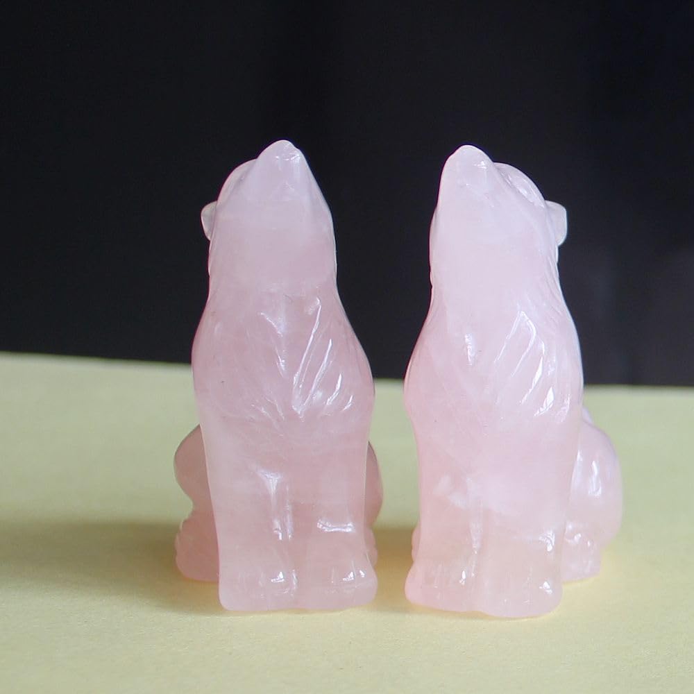 HLbshi Hand Carved Gemstone Crystal Wolf Figurine Animal Statue Carving Office Home Decor Collections 2'' (Pink Rose Quartz)